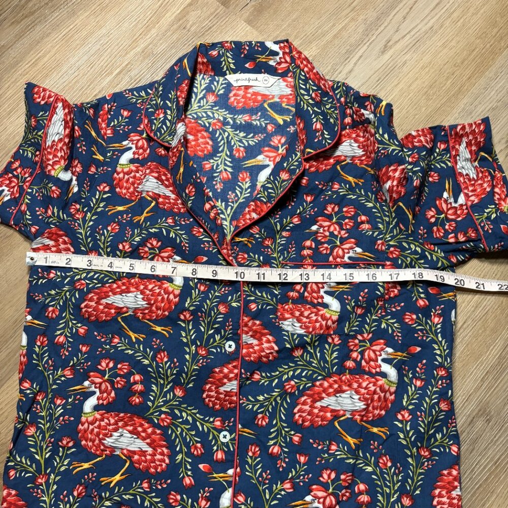 Printfresh Queen Lotus Button Down Pajama Top XS floral bird print navy shirt - Picture 7 of 8
